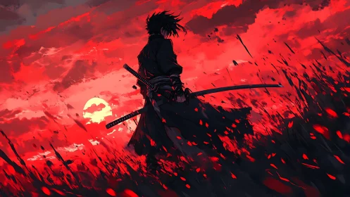 Lone duskblade wanderer in wildfire sky and bloodgrass field.