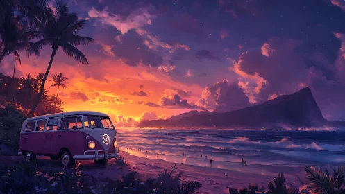 Volkswagen van parked on tropical beach at sunset horizon.