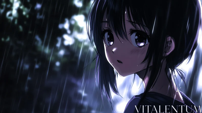 Rain-soaked anime girl rendered with cinematic backlighting