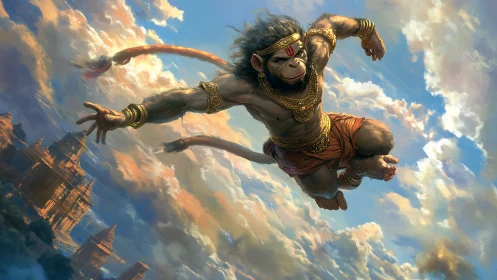 Soaring monkey warrior glides across a glowing sky