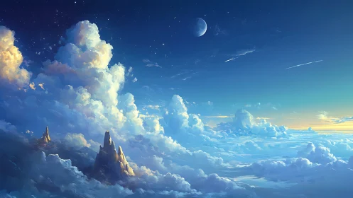 Celestial cloudscape with illuminated spires under crescent moon