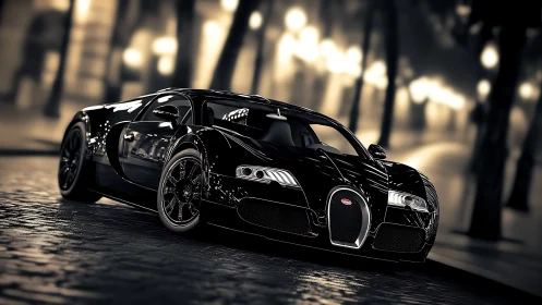 Midnight black supercar glides through glowing city streets