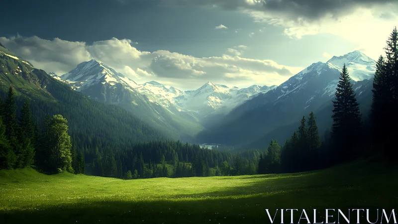 Mountain valley with snow peaks and forested slopes at dusk.