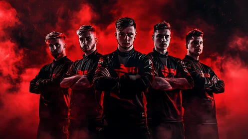 Five esports players stand in red smoke with crossed arms
