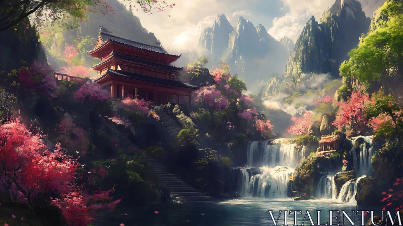 Tranquil mountain temple embraced by blossoms and waterfalls.