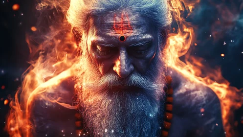 Ascetic elder engulfed in spectral fire under cosmic glow