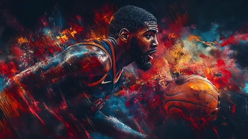 Basketball player dribbling amid abstract color field.