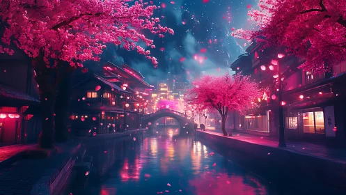 Neon-illuminated canal under cyber-cherry blossom bloom at night.