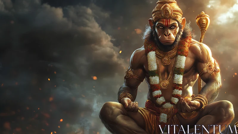 Anthropomorphic warrior deity in seated meditative posture.