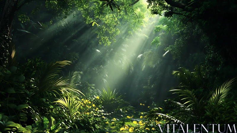 Verdant Jungle Canopy with Golden Sunlit Rays.