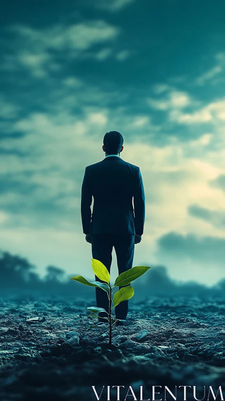 Businessman stands with plant emerging from ground beneath sky.