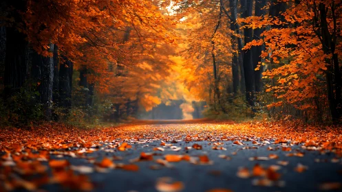 Golden Autumn Road Through Canopy. Forest Path