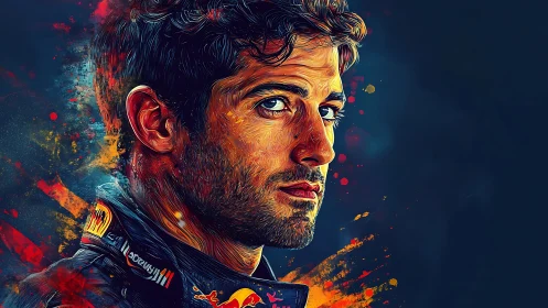 Intense racing portrait glows in swirling neon brushstrokes.