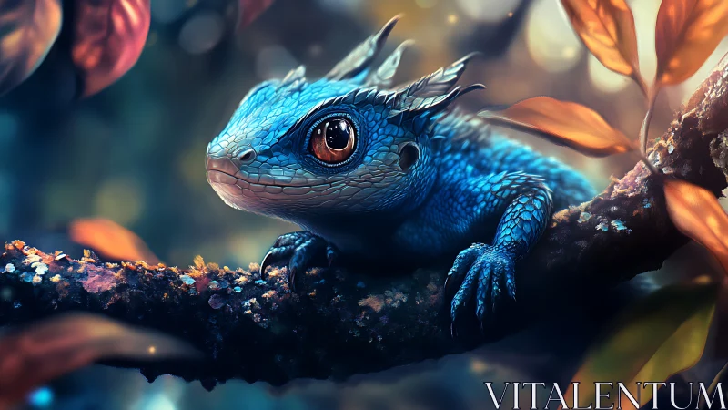 Bioluminescent blue dragon-lizard rendered in cinematic focus
