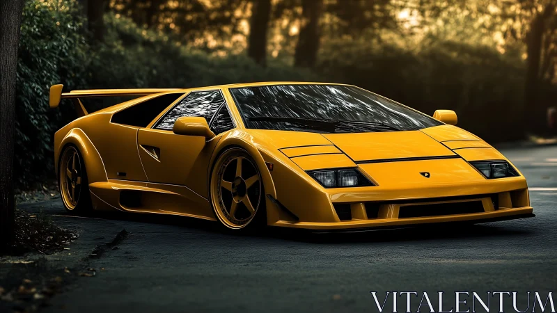 Yellow supercar parked on forest road at golden hour.