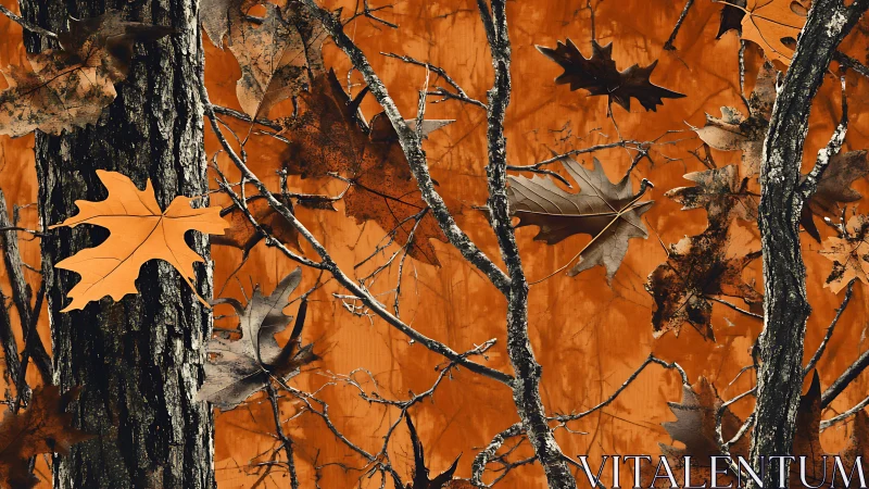 Autumn oak leaves drift across bark against vivid orange