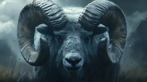 Storm-lit ram portrait with monumental curling horns.