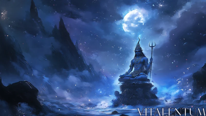 Celestial blue deity meditates beneath glowing lunar sky.