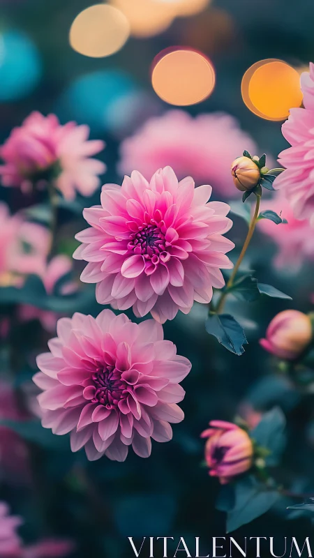 Pink Dahlias in Soft Focus Garden Setting.