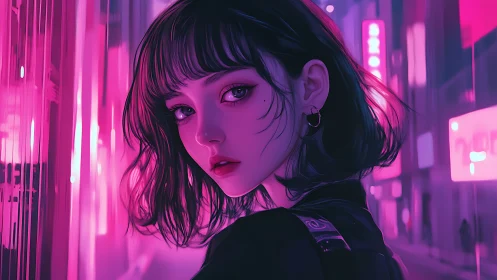 Neon city portrait captures solitary girl in magenta glow.