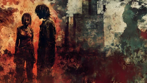 Bruised survivors drift through a city of burning echoes.