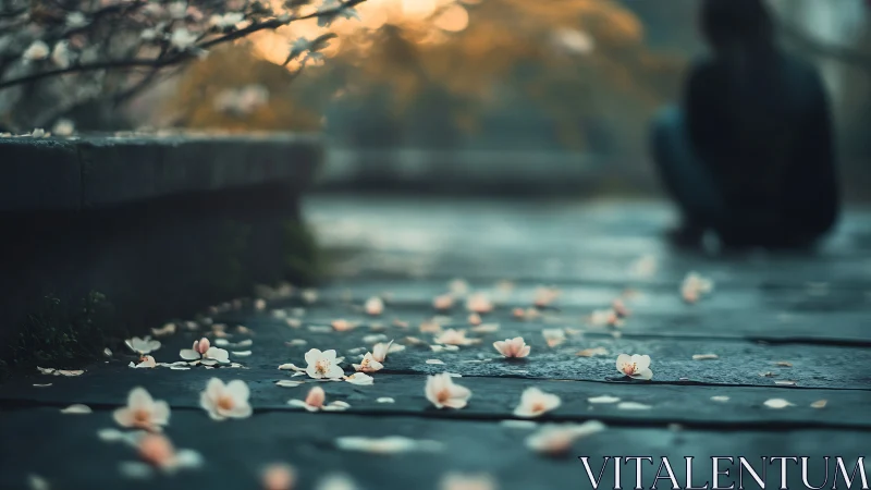 Petals on stone, quiet figure in dusk-tinted solitude.