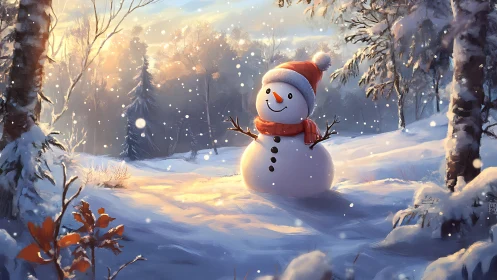 Snowman in glowing winter forest at golden sunrise.