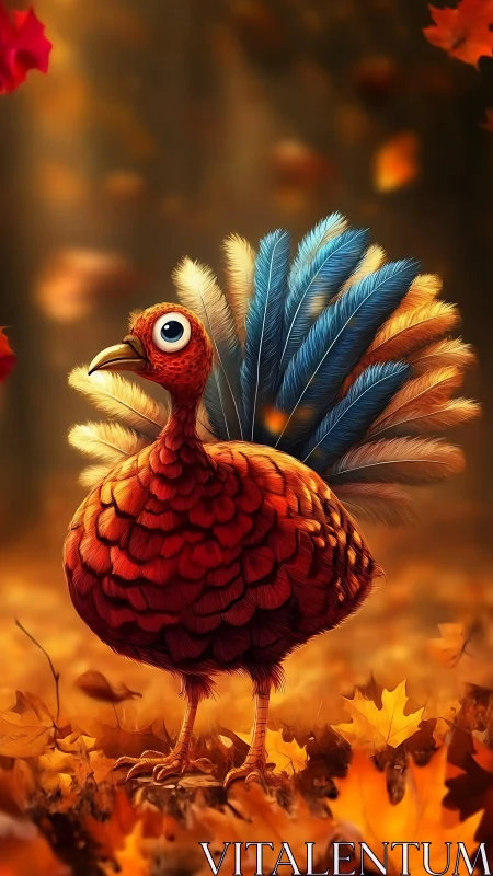 Anthropomorphic turkey rendering amid defocused autumn foliage.