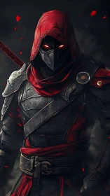 Shadowy hooded warrior stands in glowing crimson armor