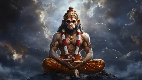 Celestial monkey sage settles into stormlit cosmic silence