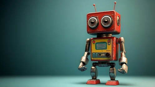 Charming retro robot stands ready with bright curious eyes