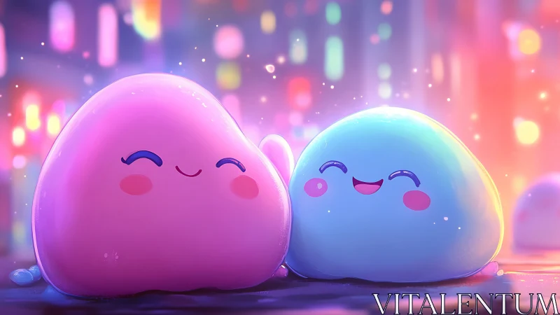 Two smiling jelly blobs glow under dreamy neon lights