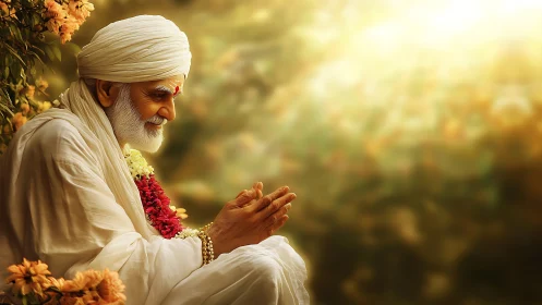 Elderly spiritual man in white robes praying in warm light.