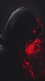 Shadow hood whisperer bathed in crimson digital smoke glow.