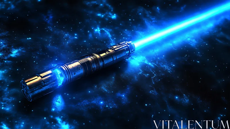 Plasma energy sword hilt emitting blue volumetric beam in space