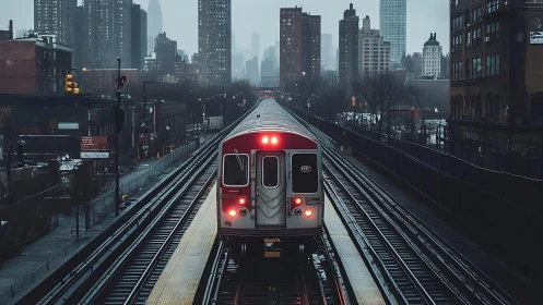 Subway train on elevated tracks in gray urban skyline.