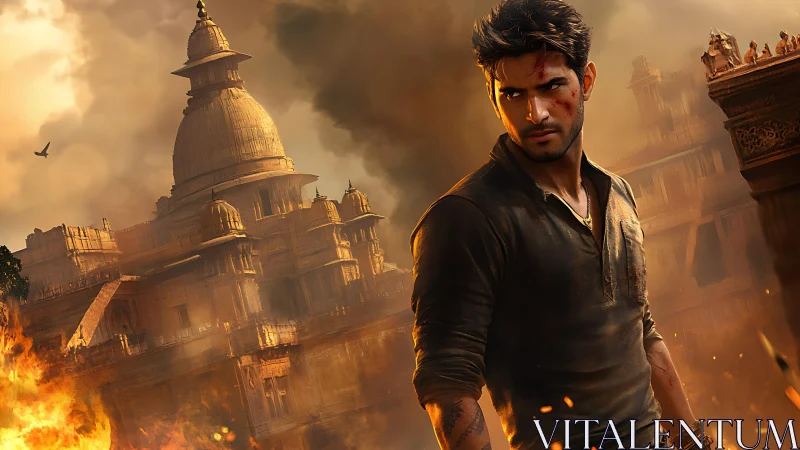 Scarred hero stands defiant before burning ancient temple city