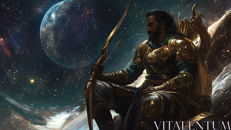 Star crowned archer rests on a cosmic ridge in golden armor