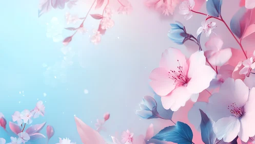 Soft-focus floral composition featuring delicate pink blossoms with blue accents on gradient backdro