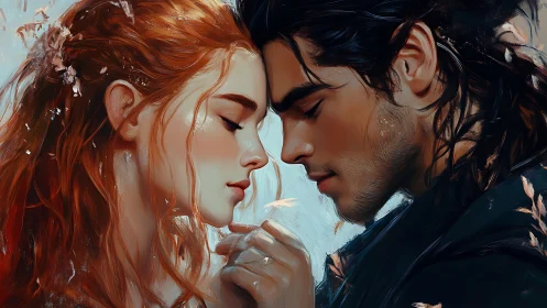 Romantic Portrait: Red-Haired Woman and Dark-Haired Man in Digital Oil Paint