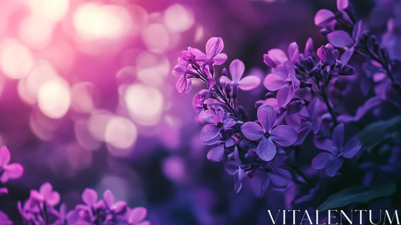 Purple lilac flowers in soft focus with warm bokeh background.