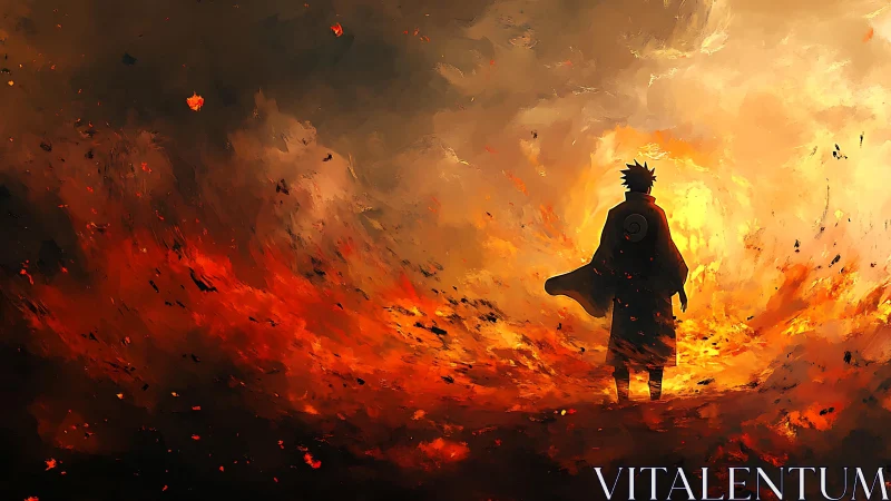 Lone shinobi silhouette commands blazing inferno horizon.