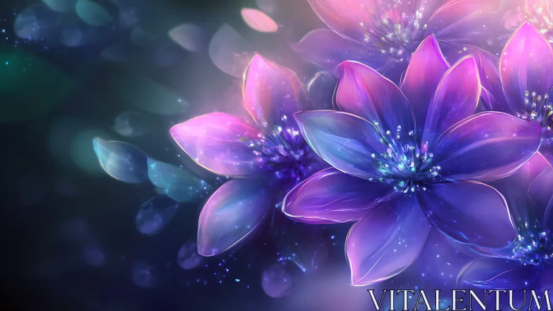 Digital flowers with neon gradients rendered in layered translucency.