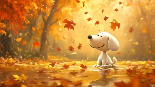 Cartoon puppy savors golden autumn leaves in glowing forest