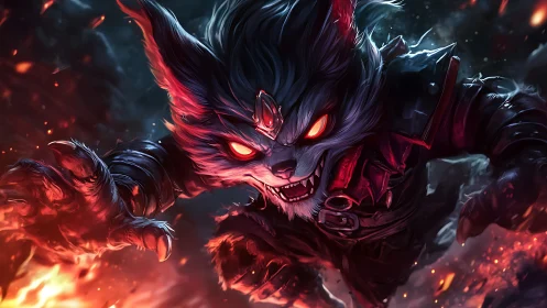 Ferocious neon-eyed wolf warrior lunging through embers.