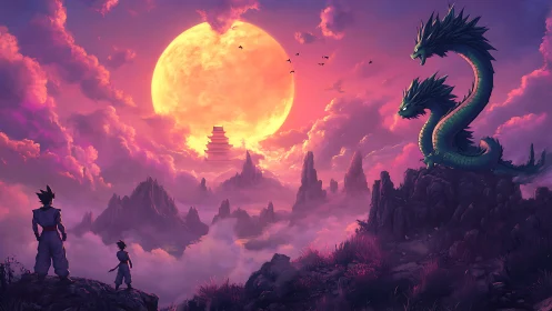 Warriors confront twin-headed dragon under colossal moon