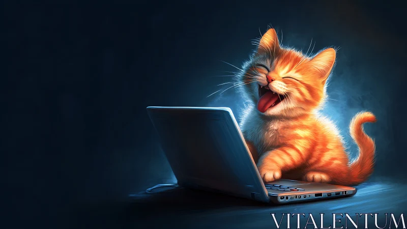 Glowing Orange Kitten Laughing at a Laptop.