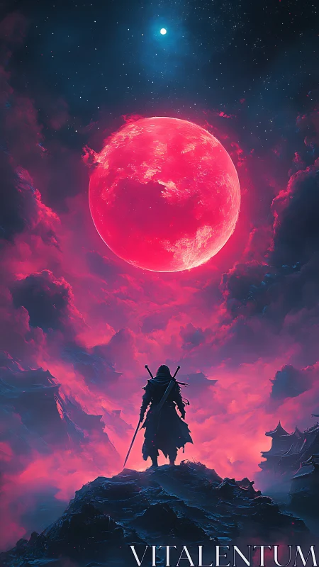 Lone swordsman under vivid red moon in stormy sky.