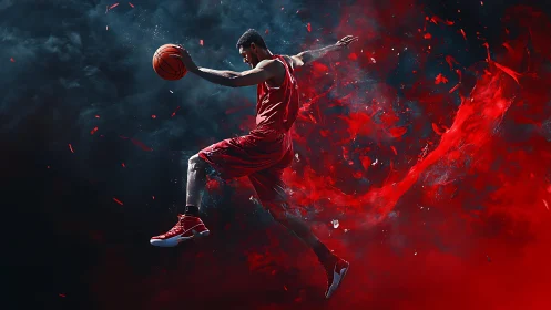 Soaring hoop dreamer riding a storm of blazing red energy.
