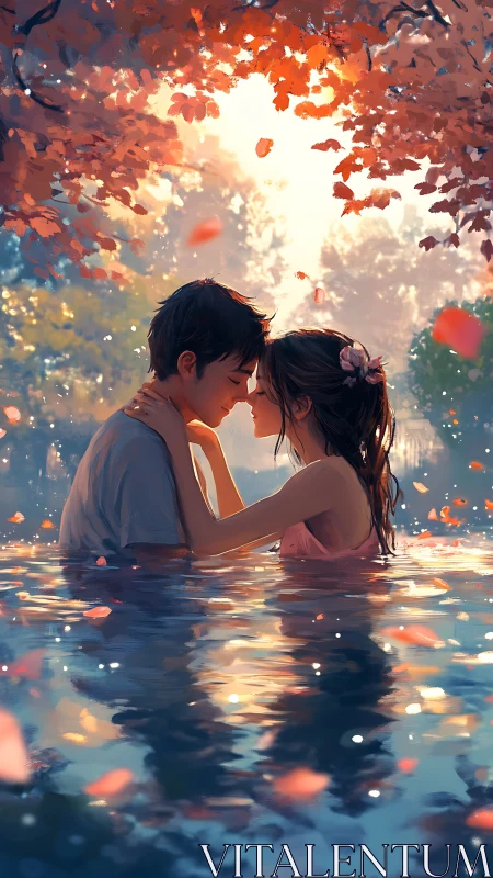 Digitally rendered couple in water beneath luminous autumn foliage with atmospheric light diffusion